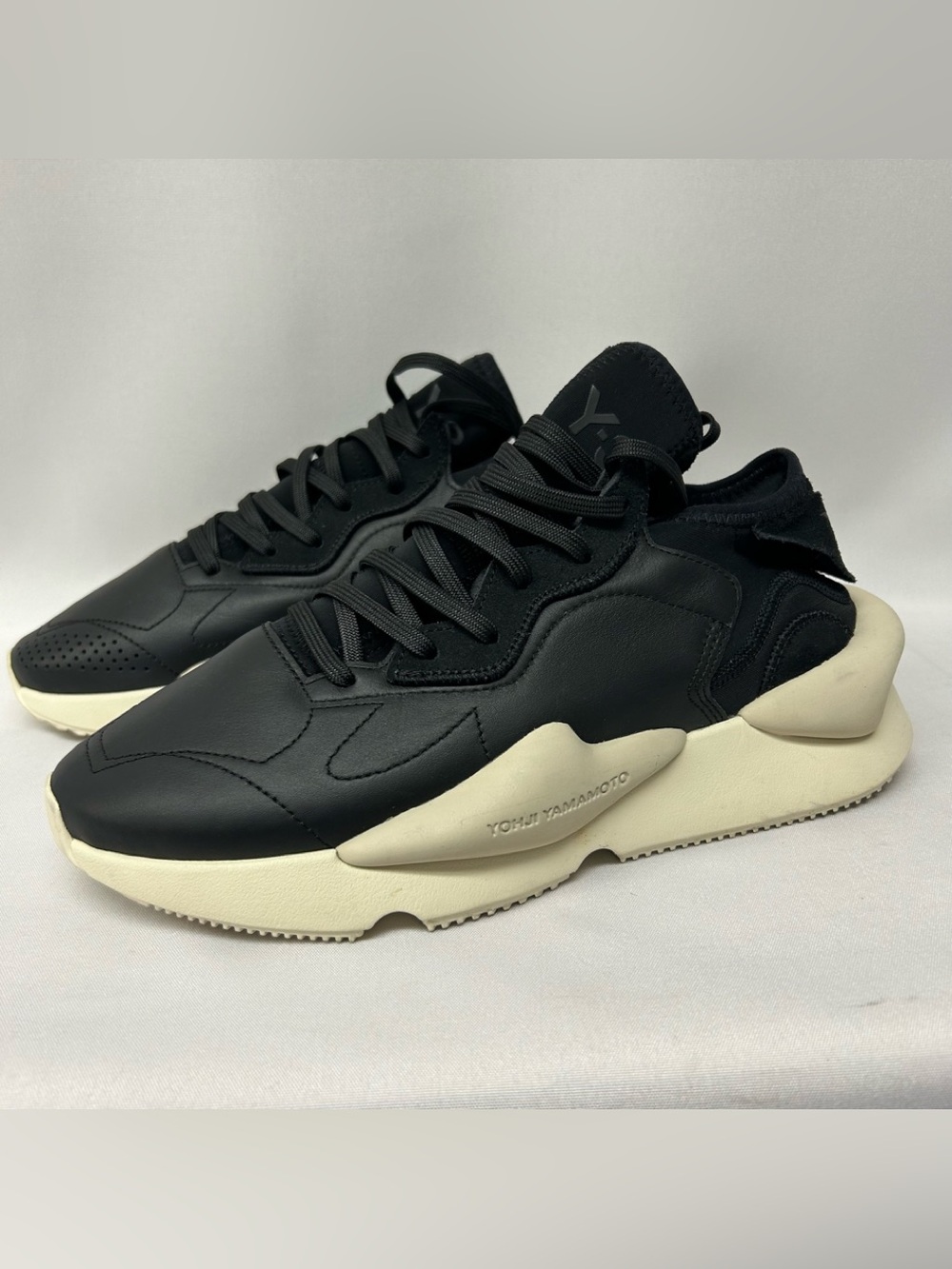 Adidas Y-3 Black Leather Low-Top Sneakers with Cream Sole Men’s Size 8